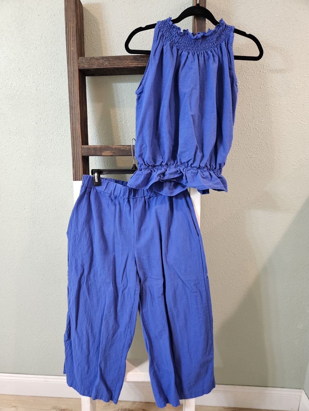 Blue Smocked Neck Tank & Wide-Leg Pants Set With Pockets NWOT Size Large